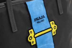 PRADA プラダ トートバッグ カイエトロンプルイユ ベルトモチーフ ナイロン ベロア 1BG065 ブラック ブルー 美品 中古 44269