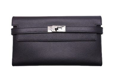 HERMES エルメス ケリーウォレット 三つ折り財布 ヴォーエプソン レザー ブラック 黒 シルバー金具 箱付き 美品 中古 44365