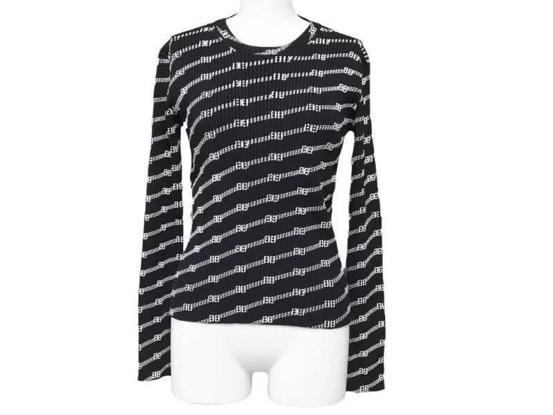 新品同様 BALENCIAGA バレンシアガ LS BBロゴ 長袖Tシャツ ブラック ホワイト トップス 総ロゴ 621004 サイズXS 中古 44375