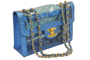 CHANEL シャネル マトラッセ チェーンショルダーバッグ ヴィンテージ 3401557 ビニール ラム クリア ブルー 美品 中古 44492