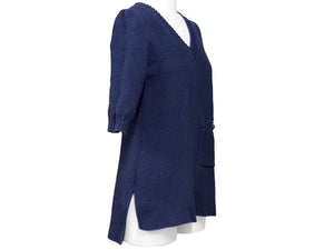 CHANEL シャネル ニット 半袖 トップス フロントポケット P51263K06578 コットン ネイビー サイズ34 美品 中古 44617