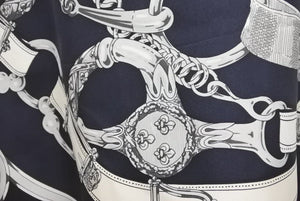 HERMES エルメス ノースリーブ ワンピース トップス ベルト柄 総柄 フランス製 シルク ホワイト ネイビー 34 美品 中古 44647