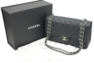新品同様 シャネル CHANEL デカマトラッセ Wフラップ Wチェーン ショルダーバッグ キャビアスキン 黒 中古 シルバー金具 44731