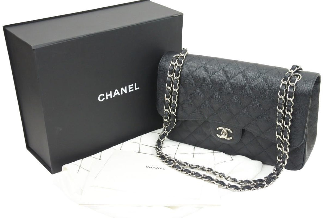 新品同様 シャネル CHANEL デカマトラッセ Wフラップ Wチェーン ショルダーバッグ キャビアスキン 黒 中古 シルバー金具 44731