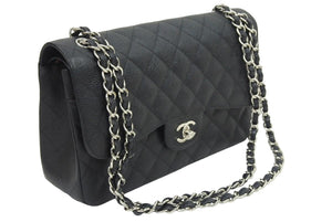新品同様 シャネル CHANEL デカマトラッセ Wフラップ Wチェーン ショルダーバッグ キャビアスキン 黒 中古 シルバー金具 44731