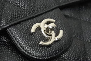 新品同様 シャネル CHANEL デカマトラッセ Wフラップ Wチェーン ショルダーバッグ キャビアスキン 黒 中古 シルバー金具 44731