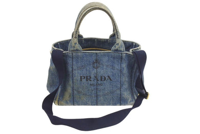 PRADA プラダ CANAPA カナパ 20AW 2WAYバッグ デニムハンドバッグ トートバッグ トライアングルロゴ ブルー ゴールド 中古 44745