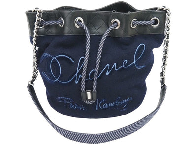 CHANEL シャネル エンブロイダリー 巾着 ショルダーバッグ A57540 ウール×レザー ネイビー シルバー金具 美品 中古 44819
