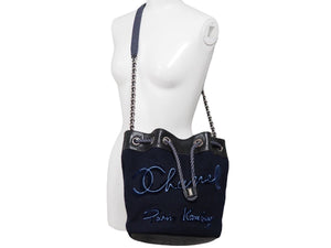 CHANEL シャネル エンブロイダリー 巾着 ショルダーバッグ A57540 ウール×レザー ネイビー シルバー金具 美品 中古 44819