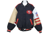 Load image into Gallery viewer, JEFF HAMILTON ジェフハミルトン 49ERS スタジアムジャケット レザー切替 NFL ヴィンテージ 古着 ブラック サイズM 中古 45083