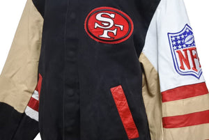 JEFF HAMILTON ジェフハミルトン 49ERS スタジアムジャケット レザー切替 NFL ヴィンテージ 古着 ブラック サイズM 中古 45083