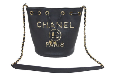 CHANEL シャネル ドーヴィル チェーンショルダーバケツバッグ 28番台 グレインドカーフ ブラック ゴールド金具 美品 中古 45309