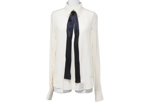CHANEL シャネル ココボタン 長袖シャツ シルクシャツ リボン P44294V12320 アイボリー ブラック サイズ34 美品 中古 45342
