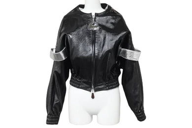 LOUISVUITTON ルイヴィトン クロップド レザー ジャケット ブラック シルバー モノグラム FGLJ80JNN サイズ34 美品 中古 45348