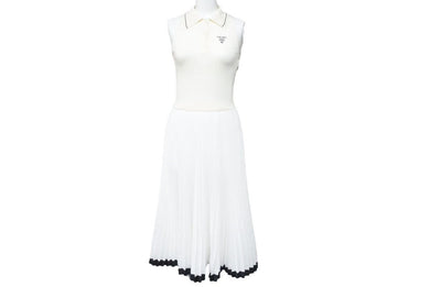 極美品 PRADA プラダ クレープ デ シン ワンピース P3B06 ホワイト プリーツ ロゴ シーム入り トップス サイズ36 美品 45411 正規品