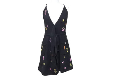 CHANEL シャネル 22SS ココマーク カシュクール ワンピース ロゴ マルチカラー ラインストーン ブラック サイズ34 美品 中古 45393