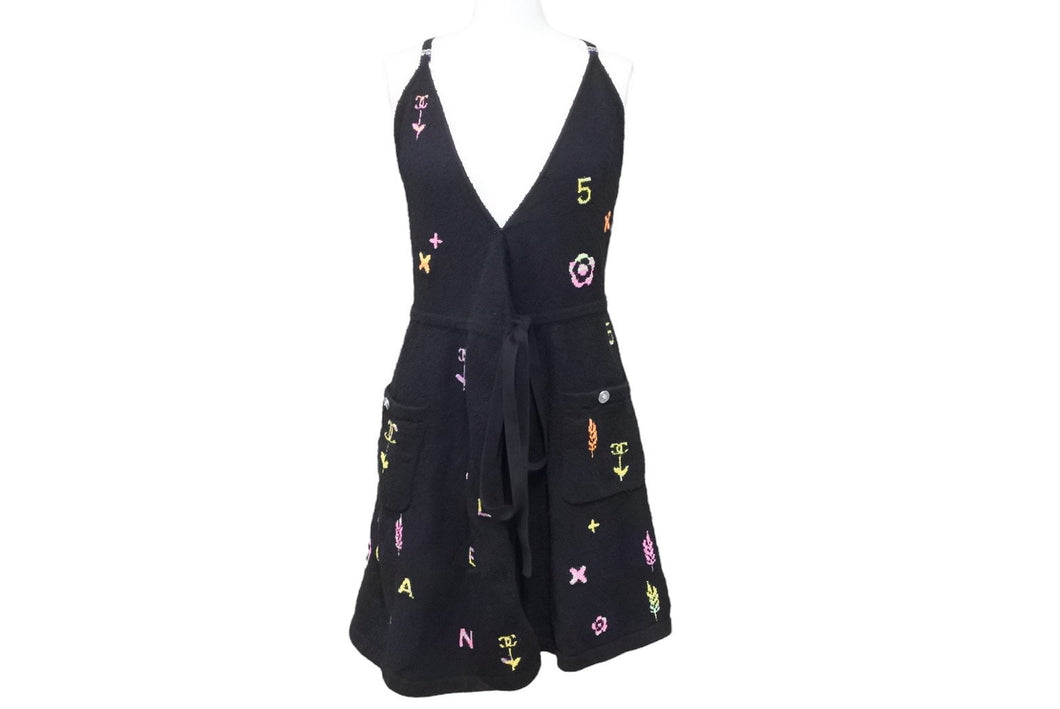 CHANEL シャネル 22SS ココマーク カシュクール ワンピース ロゴ マルチカラー ラインストーン ブラック サイズ34 美品 中古 45393