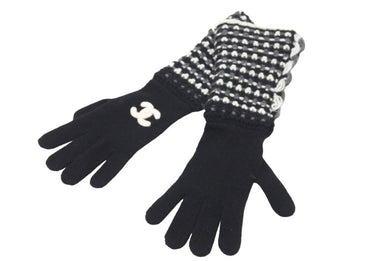 CHANEL シャネル カシミヤ手袋 グローブ ツイード ココマーク ブラック ホワイト 良品 中古 45573