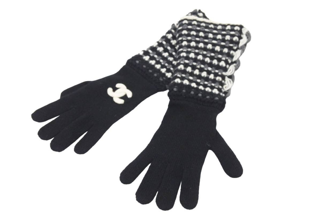 CHANEL シャネル カシミヤ手袋 グローブ ツイード ココマーク ブラック ホワイト 良品 中古 45573