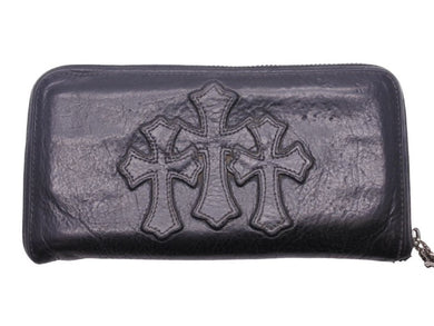 CHROME HEARTS クロムハーツ 3セメタリークロス ラウンドジップ レザーウォレット クロスパッチ 財布 良品 中古 45576