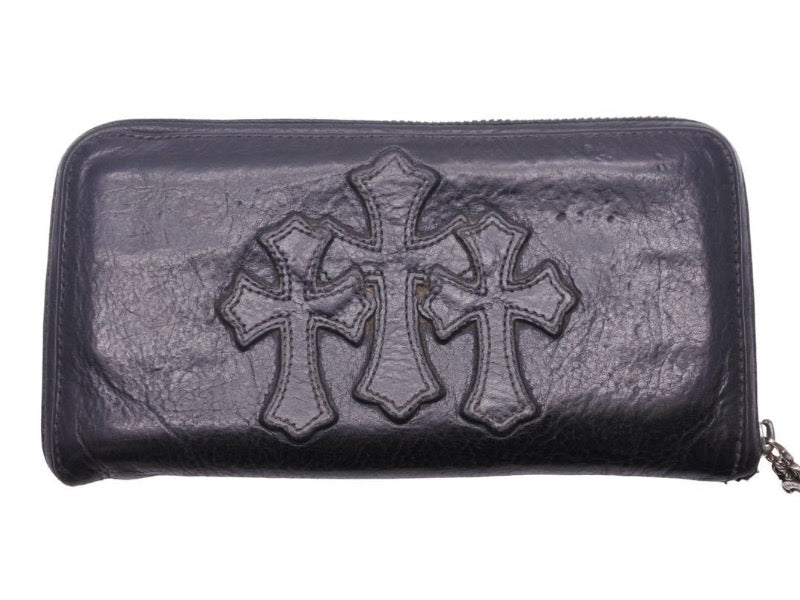 CHROME HEARTS クロムハーツ 3セメタリークロス ラウンドジップ レザーウォレット クロスパッチ 財布 良品 中古 45576