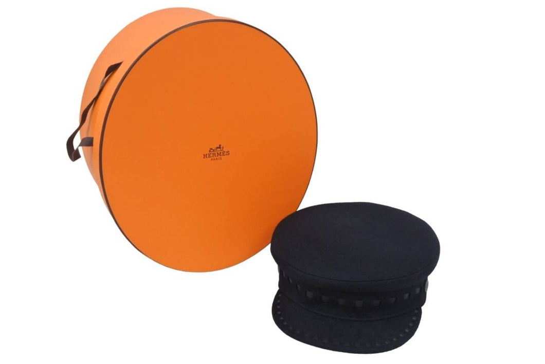 極美品 Hermes エルメス キャスケット ウール ネイビー セリエ レザーステッチ 箱付き タグ付き サイズ57 中古 45666