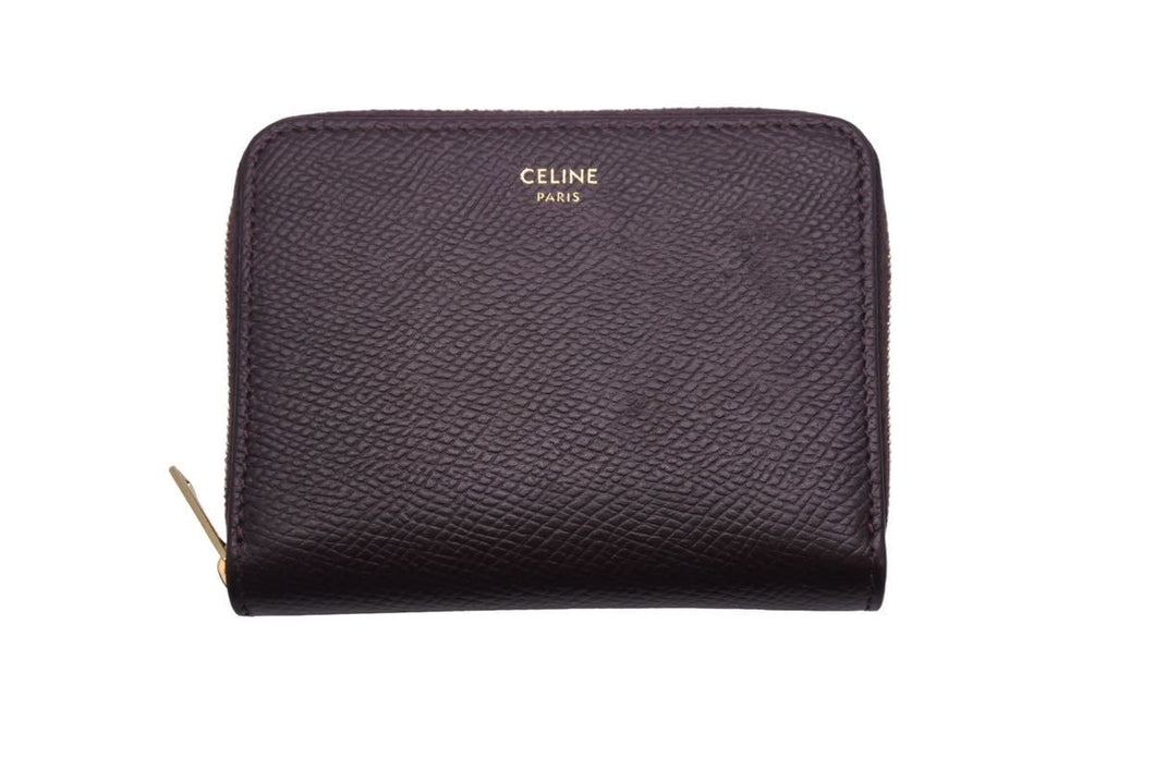 CELINE セリーヌ ジップドウォレット コインケース 新ロゴ カーフスキン バーガンディ ゴールド金具 美品 中古 45925