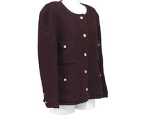 Load image into Gallery viewer, CHANEL シャネル ツイードノーカラージャケット ボルドーゴールド ココマークボタン 表記なし 美品 中古 45939