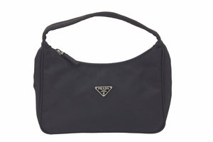 PRADA プラダ MV515 ホーボー ハンドバッグ ミニバッグ 三角ロゴ金具 プレート ナイロン ブラック レディース 美品 中古 46071