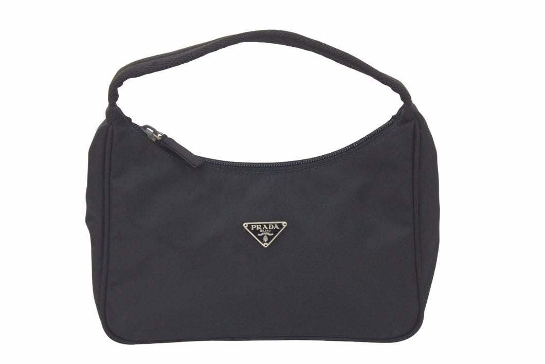 PRADA プラダ MV515 ホーボー ハンドバッグ ミニバッグ 三角ロゴ金具 プレート ナイロン ブラック レディース 美品 中古 46071