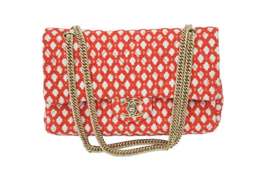 極美品 CHANEL シャネル マトラッセCF Wチェーンショルダーバッグ 12番台 ツイード ジャージ レッド ホワイト ゴールド 中古 46088