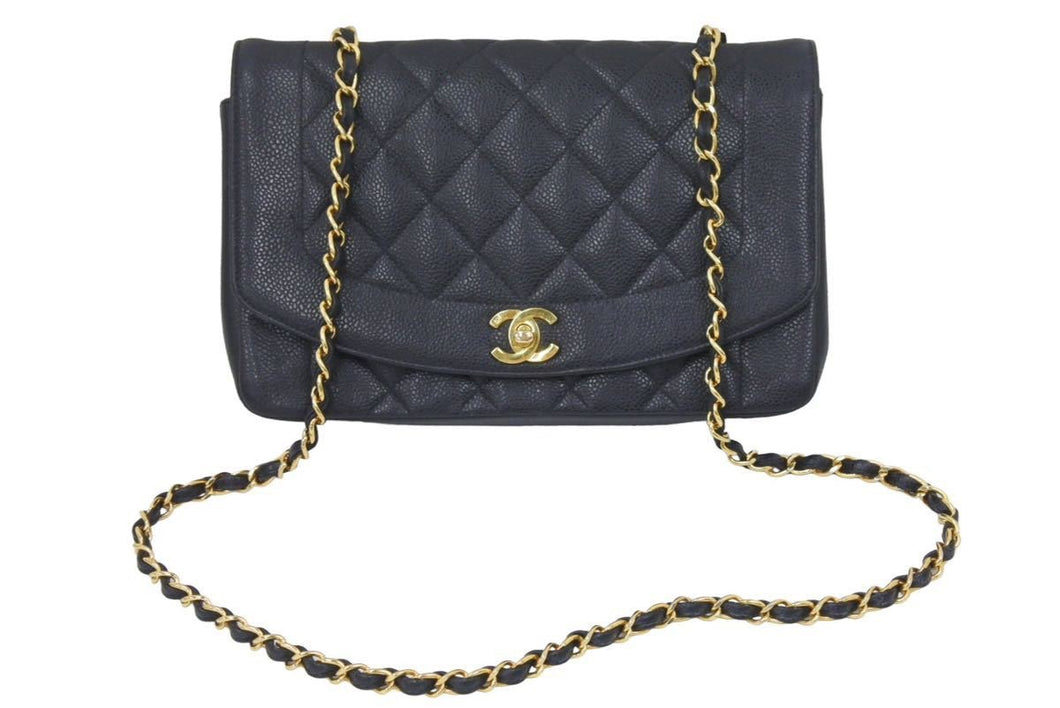シャネル CHANEL ダイアナ 25 マトラッセ チェーン ショルダー バッグ キャビアスキン ブラック A01165 46096