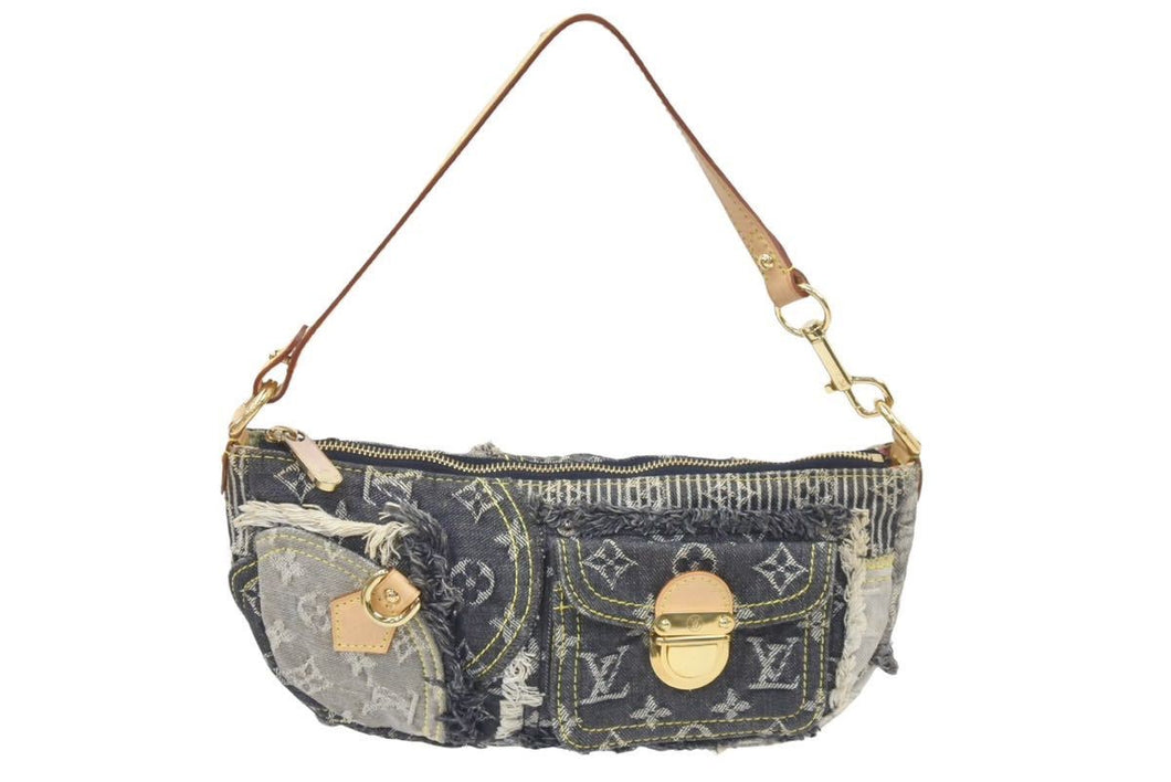 LOUIS VUITTON ルイ ヴィトン パウチィ M95383 モノグラムデニムパッチワーク グレー ハンドバッグ ポーチ 美品 中古 46181