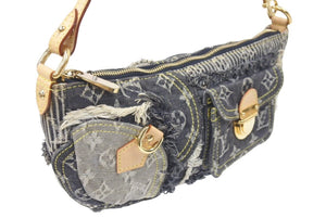 LOUIS VUITTON ルイ ヴィトン パウチィ M95383 モノグラムデニムパッチワーク グレー ハンドバッグ ポーチ 美品 中古 46181
