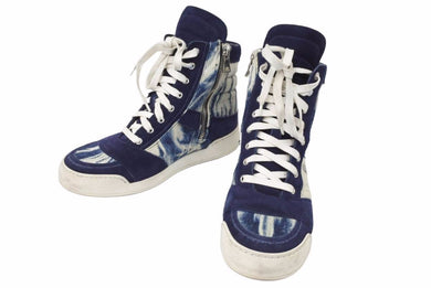 BALMAIN バルマン ハイカットスニーカー サイドジップ デニム キャンバス スエード ラバー ブルー ホワイト 美品 中古 46197 正規品