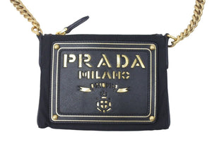 PRADA プラダ チェーンポーチ ミニショルダーバッグ BT0604 ナイロン サフィアーノレザー ブラック ゴールド 良品 中古 46258