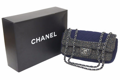 CHANEL シャネル マトラッセ ツイード Wチェーン ショルダーバッグ 20番台 ネイビー ココマーク シルバー金具 美品 中古 46300 正規品