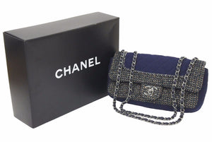 CHANEL シャネル マトラッセ ツイード Wチェーン ショルダーバッグ 20番台 ネイビー ココマーク シルバー金具 美品 中古 46300 正規品