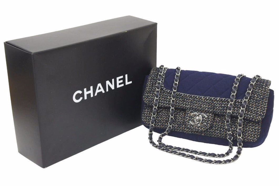 CHANEL シャネル マトラッセ ツイード Wチェーン ショルダーバッグ 20番台 ネイビー ココマーク シルバー金具 美品 中古 46300 正規品
