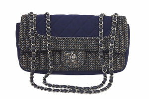 CHANEL シャネル マトラッセ ツイード Wチェーン ショルダーバッグ 20番台 ネイビー ココマーク シルバー金具 美品 中古 46300 正規品