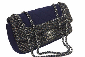 CHANEL シャネル マトラッセ ツイード Wチェーン ショルダーバッグ 20番台 ネイビー ココマーク シルバー金具 美品 中古 46300 正規品