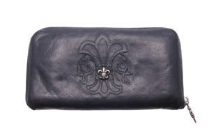 CHROMEHEARTS クロムハーツ BSフレア装飾ラウンドジップレザーウォレット財布 レザー シルバー925 ブラック 中古 46464