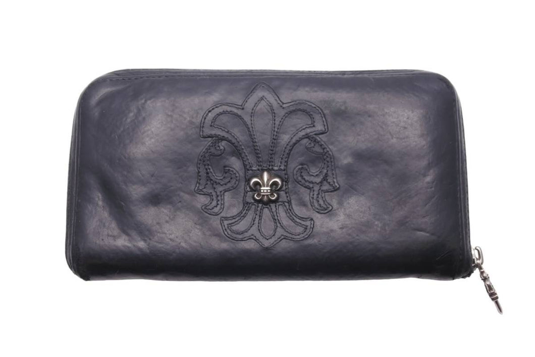 CHROMEHEARTS クロムハーツ BSフレア装飾ラウンドジップレザーウォレット財布 レザー シルバー925 ブラック 中古 46464