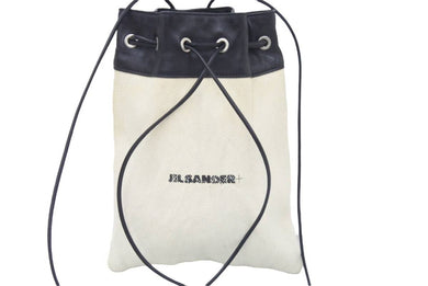 JIL SANDER ジルサンダー ドローストリングクロスボディバッグ 巾着 アイボリー ブラック キャンバス レザー 良品 中古 46467