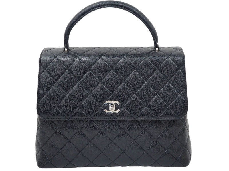 CHANEL シャネル ヴィンテージ ハンドバッグ トップハンドル 6番台 キャビアスキン ブラック シルバー金具 46568