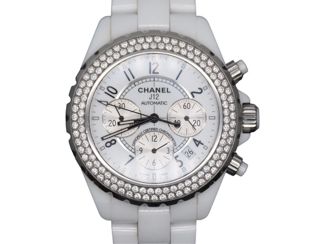 シャネル J12 時計 白 セラミック 時計 H1008 純正フルダイヤベゼル J12 クロノグラフ 41mm 美品 中古 46635