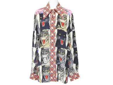 GUCCI グッチ Tiger タイガー Flower フラワー 長袖シャツ 総柄 トップス イタリア製 シルク マルチカラー 42 美品 中古 46640