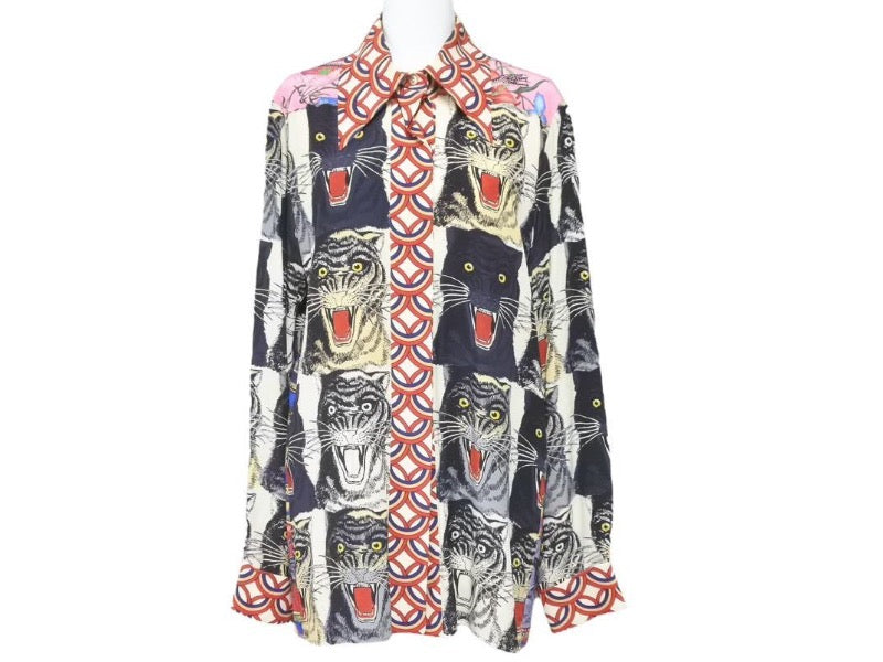GUCCI グッチ Tiger タイガー Flower フラワー 長袖シャツ 総柄 トップス イタリア製 シルク マルチカラー 42 美品 中古 46640