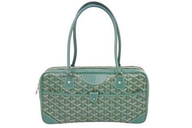 GOYARD ゴヤール サンマルタン ヘリンボーン スクエアボストンバッグ PVCキャンバス レザー シルバー金具 グリーン 美品 中古 46727