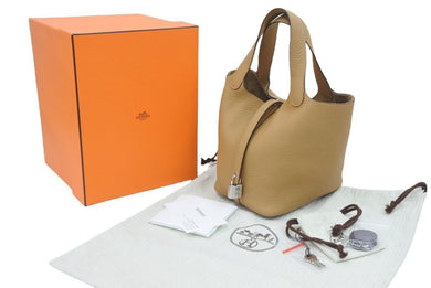 新品未使用 エルメス ピコタンロックPM U刻印 18 トリヨンクレマンス ビスキュイ シルバー金具 ハンドバッグ 中古 46779